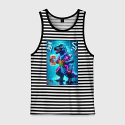 Майка мужская хлопок Неоновый кибер пивозавр - нейроарт, цвет: черная тельняшка