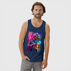Майка мужская хлопок Dude beersaur - neon glow, цвет: тёмно-синий — фото 2