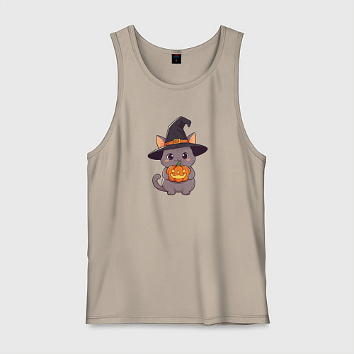 Мужская майка Кот в шляпе ведьмы с тыквой / Миндальный – фото 1