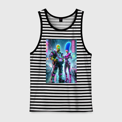 Мужская майка Marge and Homer in the pouring rain - cyberpunk / Черная тельняшка – фото 1