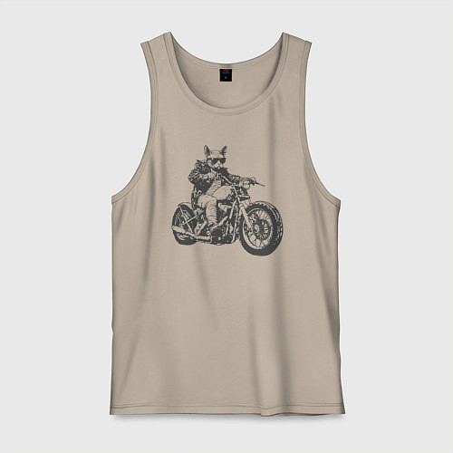 Мужская майка Сфинкс мотоциклист на чоппере кот байкер / Миндальный – фото 1