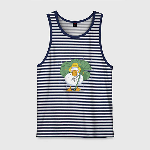 Мужская майка Милая уточка гусь под листом в шляпке в дождь / Синяя тельняшка – фото 1