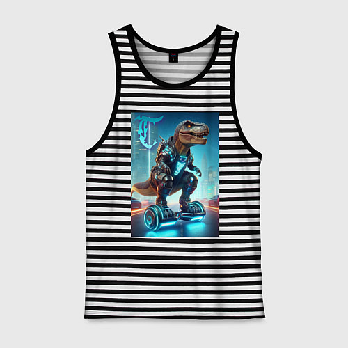 Мужская майка Cyber tyrannosaur on a hoverboard - neon glow fant / Черная тельняшка – фото 1