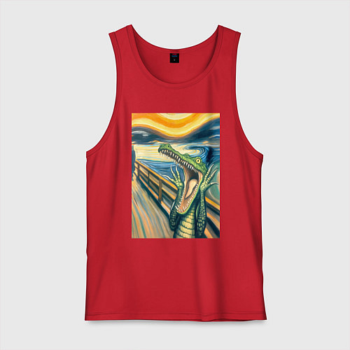 Мужская майка Крокодил кричит на картине Эдварда Мунка - мем иск / Красный – фото 1