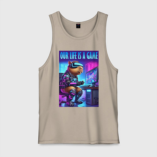 Мужская майка Капибара заядлый геймер - неоновое свечение / Миндальный – фото 1