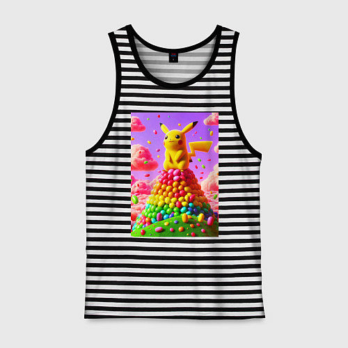 Мужская майка Пикачу сидит на горе из монпансье / Черная тельняшка – фото 1