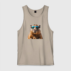 Майка мужская хлопок Капибара в модных очках, цвет: миндальный