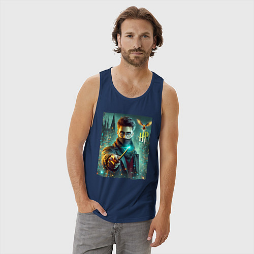 Мужская майка Harry Potter with a magic wand - ai art fantasy / Тёмно-синий – фото 3