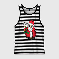 Майка мужская хлопок Дед мороз сыплет подарками, цвет: черная тельняшка