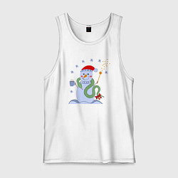 Майка мужская хлопок Новогодний снеговик и змея, цвет: белый