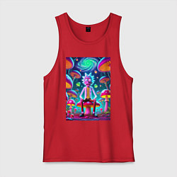 Майка мужская хлопок Рик среди неоновых грибов - нейроарт фантазия, цвет: красный