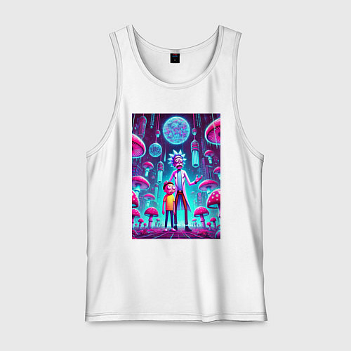 Мужская майка Rick and Morty among neon mushrooms - ai art fanta / Белый – фото 1