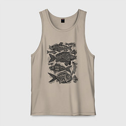 Майка мужская хлопок Рыбы в народном стиле с орнаментами, цвет: миндальный