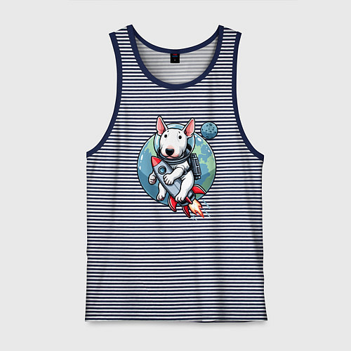 Мужская майка Щенок бультерьера на ракете в космосе / Синяя тельняшка – фото 1