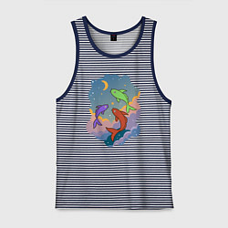 Майка мужская хлопок Рыбы, летающие в небе, цвет: синяя тельняшка