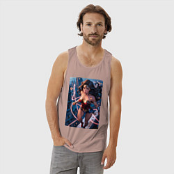 Майка мужская хлопок Чудо-женщина на крыше с городским фоном в стиле ко, цвет: пыльно-розовый — фото 2