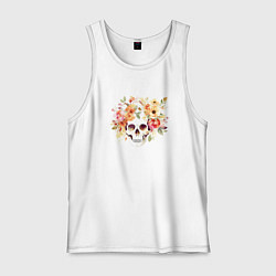Майка мужская хлопок Акварельный череп с цветами, цвет: белый