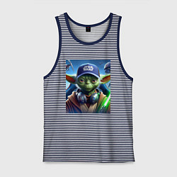 Майка мужская хлопок Прикольный Йода с наушниками - прикол, цвет: синяя тельняшка