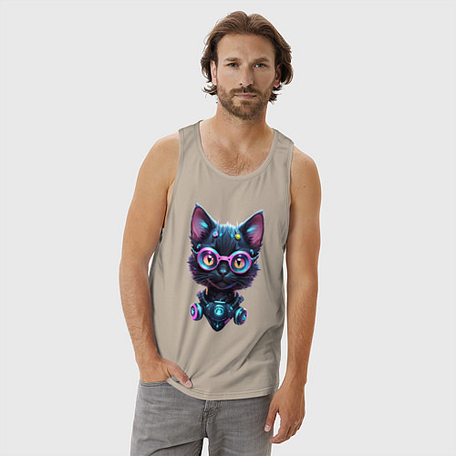 Мужская майка Прикольный котёнок - киберпанк / Миндальный – фото 3