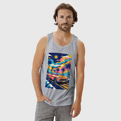 Майка мужская хлопок Кабриолет едет по тропическому острову, цвет: меланж — фото 2