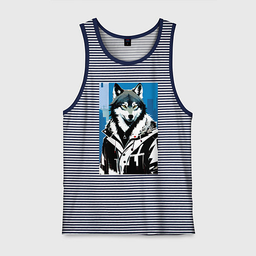 Мужская майка Волк в мегаполисе - нейроарт / Синяя тельняшка – фото 1