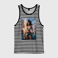 Майка мужская хлопок Пиратка на фона флотилии кораблей, цвет: черная тельняшка