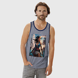 Майка мужская хлопок Пиратка на фона флотилии кораблей, цвет: синяя тельняшка — фото 2