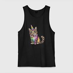 Майка мужская хлопок Праздничный котик в колпаке единорога, цвет: черный