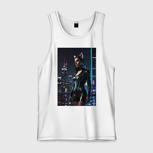 Мужская майка Девушка с кошачьими ушами стоит на фоне небоскребо / Белый – фото 1