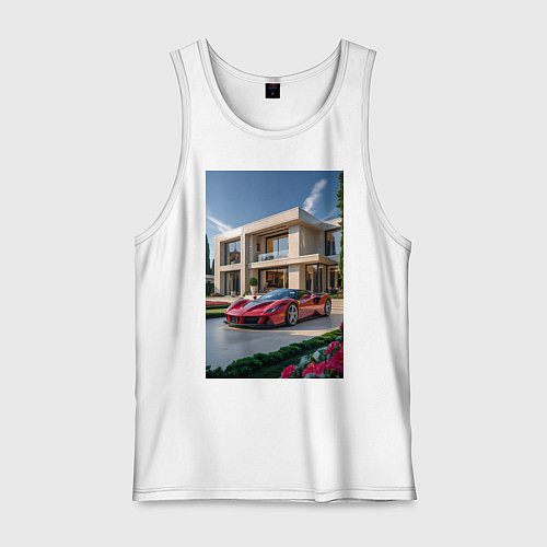 Мужская майка Красный суперкар у дома / Белый – фото 1