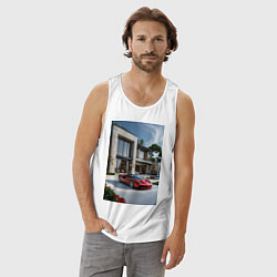 Майка мужская хлопок Красный суперкар у дома, цвет: белый — фото 2