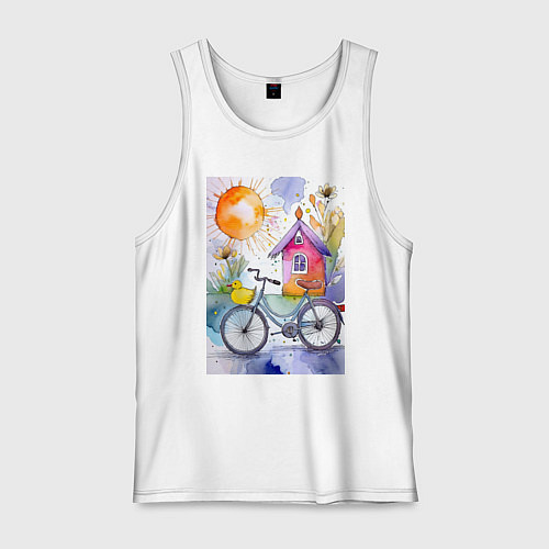 Мужская майка Утенок на велосипеде - акварель / Белый – фото 1