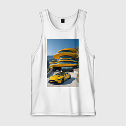 Майка мужская хлопок Желтый суперкар у дома, цвет: белый