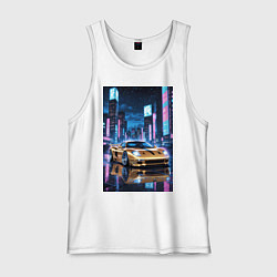 Майка мужская хлопок Суперкар едет среди небоскребов, цвет: белый