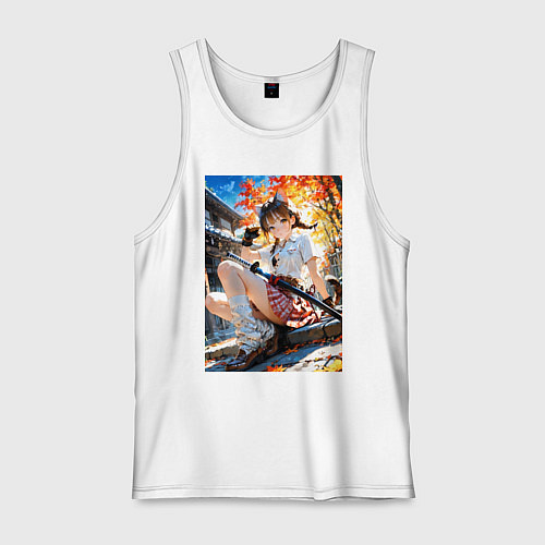 Мужская майка Кошечка в саду с катаной / Белый – фото 1