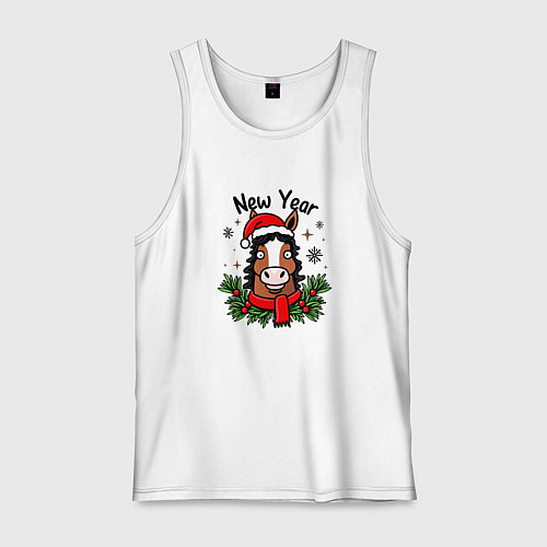 Мужская майка Новогодний конь в шапке / Белый – фото 1