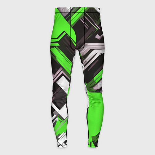 Мужские тайтсы Бело-зелёный техно паттерн на чёрном фоне / 3D-принт – фото 1