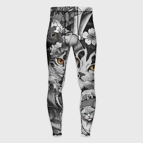 Мужские тайтсы С котами и рыбой на фоне сакуры в волнах / 3D-принт – фото 1