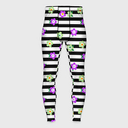 Тайтсы мужские Фиолетовые зеленый цветы на черно белом полосатом, цвет: 3D-принт