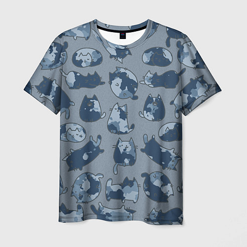Мужская футболка Камуфляж с котиками серо-голубой / 3D-принт – фото 1