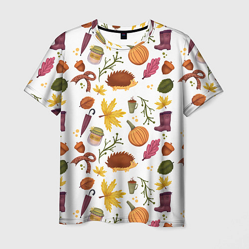 Мужская футболка Уют, ежи, листья и банка варенья / 3D-принт – фото 1