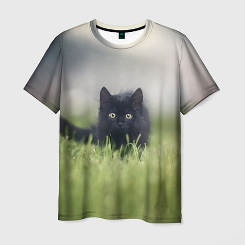 Мужская футболка Черный кот на лугу / 3D-принт – фото 1
