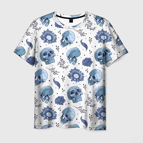 Мужская футболка Узор Голубые черепа с цветами / 3D-принт – фото 1
