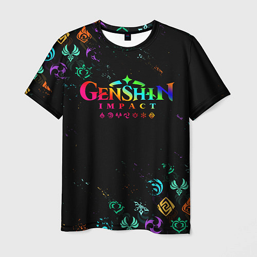 Мужская футболка GENSHIN IMPACT NEON LOGO RAINBOW STYLE, ЭМБЛЕМЫ / 3D-принт – фото 1