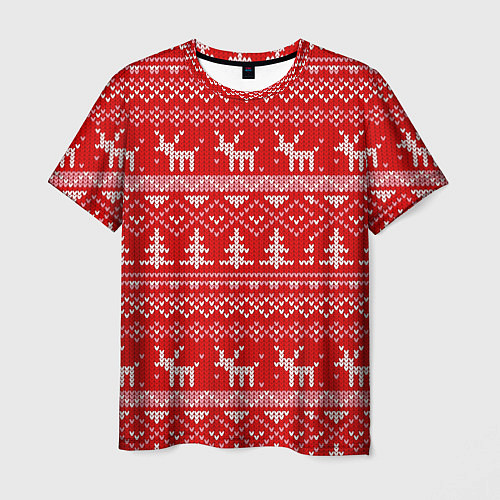 Мужская футболка Новогодний узор с оленями и елкой / 3D-принт – фото 1