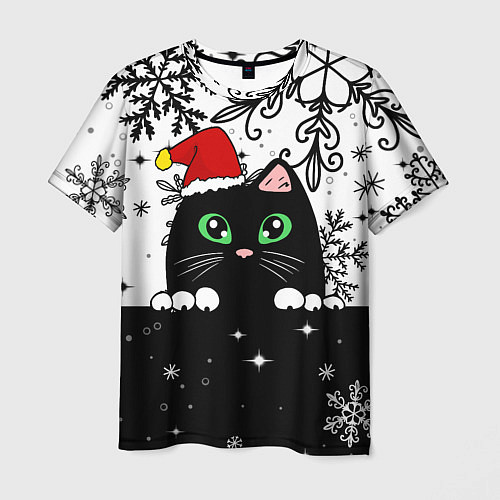 Мужская футболка Новогодний кот в колпаке Санты / 3D-принт – фото 1