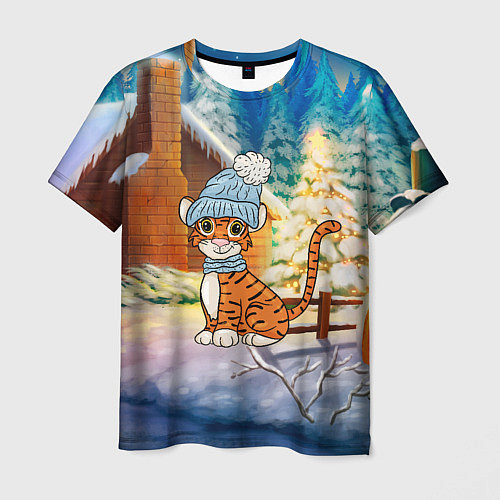 Мужская футболка Тигренок на фоне зимнего дома / 3D-принт – фото 1
