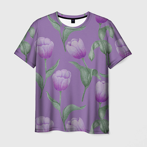 Мужская футболка Фиолетовые тюльпаны с зелеными листьями / 3D-принт – фото 1