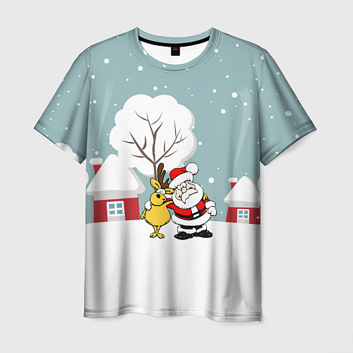 Мужская футболка Деревенский Новый Год Дед Мороз и Олень / 3D-принт – фото 1