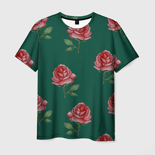 Мужская футболка Ярко красные розы на темно-зеленом фоне / 3D-принт – фото 1